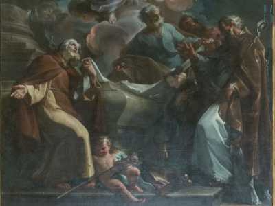 Ai piedi della scena, attorno al sepolcro vuoto, si dispongono San Nicola con piviale e pastorale, in basso San Corrado (patrono di Molfetta), insieme con Sant�Antonio di Padova, San Pietro e San Paolo